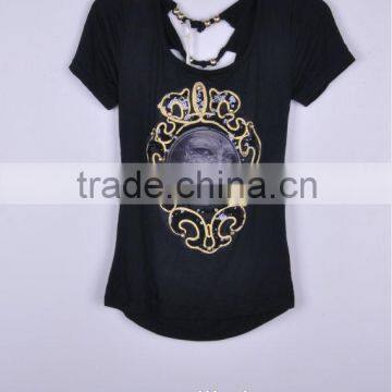 Sexy fashion open back printed lady t-shirts blouse with beaded