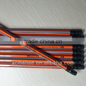Standard Size Hexagonal Shape Neon Orange and Silver Striped Special Graphite Wood Pencil Sharpened With Eraser photo-3