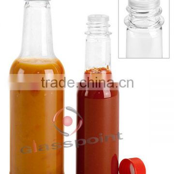 Glass Bottles, 10oz Clear Glass Sauce Bottles w/ Red Ribbed Lined Caps & Orifice Reducers