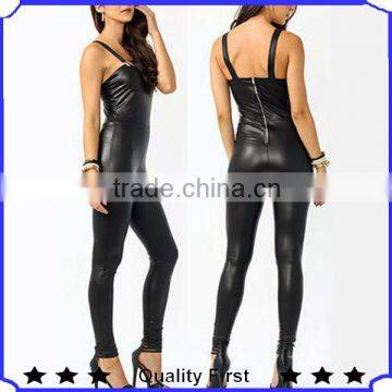 stretchy faux leather jumpsuit sexy pants women fashion style