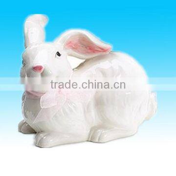 White Ceramic 5 1/2" high Bunny Rabbit Figurine with Pink Ribbon Adorable Easter Decor