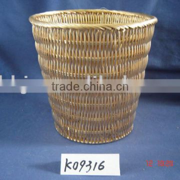 Gold round rattan woven iron frame storage trash basket