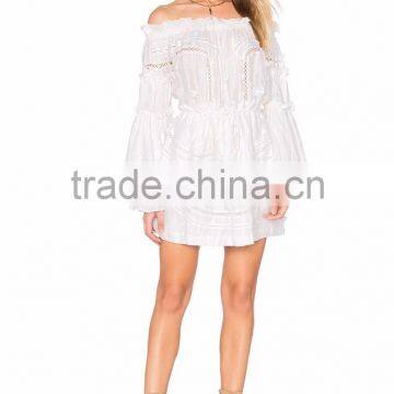 long sleeve off shoulder ruffle white elegant dress fashion woman holiday dress