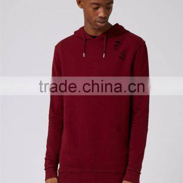 Custom Design Plain Extreme Ripped Oversized Longline Distressed Classic Fit Hoodie Burgundy Split Sides photo-2