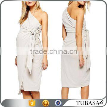 Fashion Maternity Drape Knot Front One Shoulder Midi Pencil Pregnant Party Dress