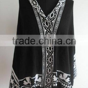 Fashion Ladies Jacquard Knitted Hoody Poncho Sweater