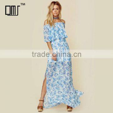 Peony blue floral mumu dresses 2018 womans off shoulder maxi dress