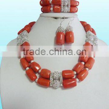 Natural design by red coral beads in 2 rows jewelry set with necklace earrings and bracelet