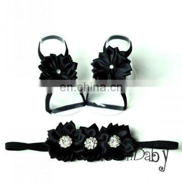 Baby Barefoot Sandals Satin Flower With Thin Elastic Matching Headband photo-3