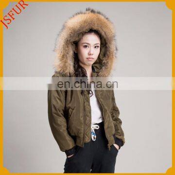 European fashion army green polyester aviator bomber jacket with fur collar