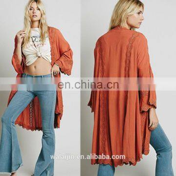 Lace inset orange rayon kimono, ladies long kimono