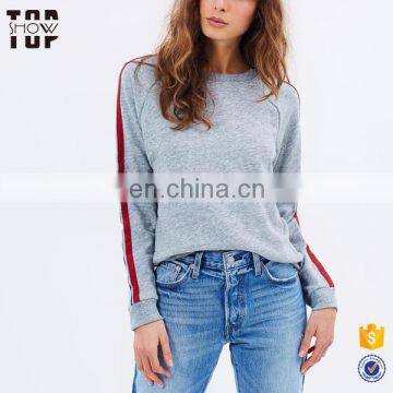 OEM new style stripe trim raglan sleeve crewneck wholesale grey women hoodies