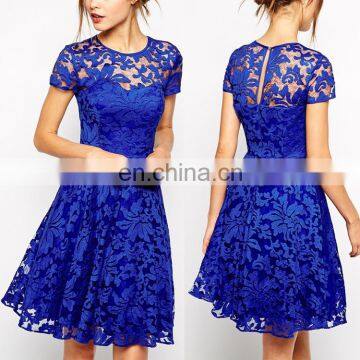 Wholesale 2016 evening designs knee length short clothes latest formal blue lace dress patterns for women