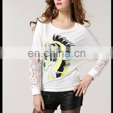 Fashion spring design round neck batwing long sleeves whit blouse with lace