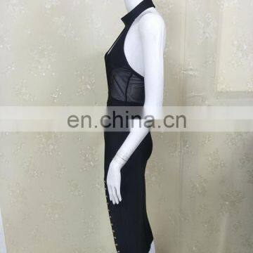 Women Halter Sleeveless Deep V Neck High Split Black Sexy Bodycon Club Party Dresses photo-4