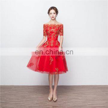 Custom Made Gorgeous Off-The-Shoulder Red Short Sleeve Appliqued Sequins Lace-up A Line Knee-length Evening Dress