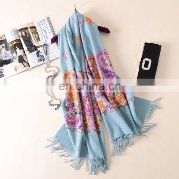 2017 new design winter flower embroidery wool pashmina scarf