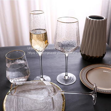 Custom Logo Hammered Creative Wine Glass Cups With Gold Rim Long Drink New Ripple Whisky Glasses Lead Free Home Daily Use