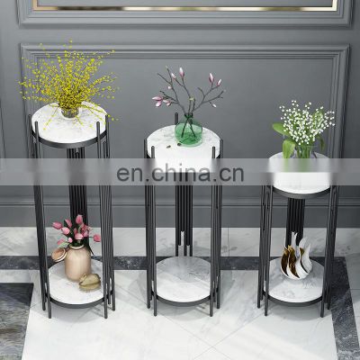 Flower Rack 2 Tier Display White Table Gold Marble Top Black Metal Outdoor Modern Round Plant Stand Indoor