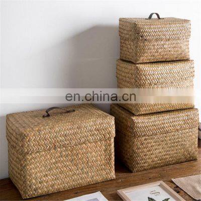 Hand woven straw basket with cover seagrass square basket house decor handmade natural gift