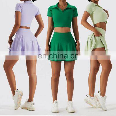 2 Pcs Tennis High Waist Skirts Set Yoga Polo Neck Crop Tops Fitness Sports Bras For Women