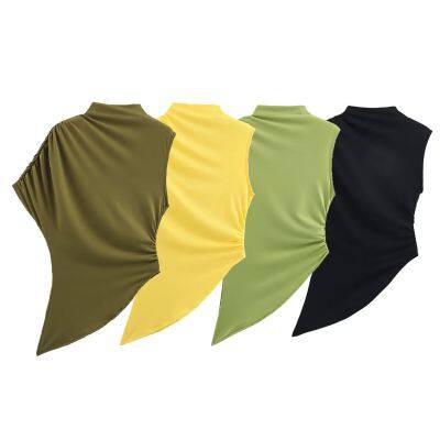 Ropa de mujer de estilo europeo y estadounidense, nuevo estilo de camiseta superior de moda con pliegues, dise?o asimétrico multicolor y temperamento