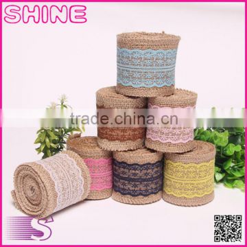 0.06*2M Natural Jute Burlap Hessian Lace Ribbon Roll and white lace rustic DIY decoration jute roll