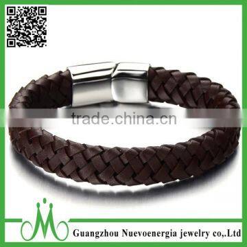 Wide Brown Braided PU Leather Wrap Bracelet Stainless Steel Magenetic Clasp Mens Bracelet