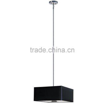 3 light chandelier(Lustre/La arana) in satin steel finish with a square silk look 16" black stealth fabric shade