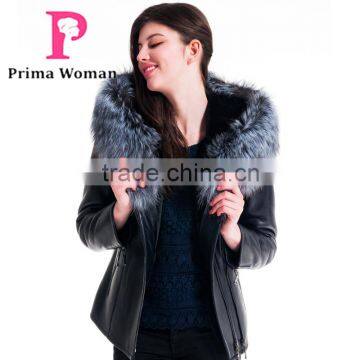 2015 Winter Leather Short Slim Fit Embroidered Women Coat With Belt Silver Fox Fur Hat photo-2