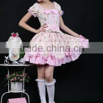 Attractive Pink Short Sleeves Square Collar Cotton Lolita Sweet Dress 81042