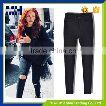 Street Fashion Beggar Hole of Tall Waist Elastic Europe Personality Jeans Trousers photo-4
