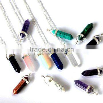 Hexagon prism natural quartz crystal point pendants with silvering chain                        
                                                Quality Choice