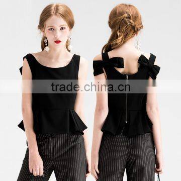 OEM Custom make Supplier Guangzhou, Ladies Peplum Sleeveless Cami Top Exposed Bow Tie Back Blouse