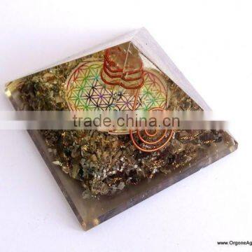 Big Orgone Energy Blue Aventurine Pyramid With Flower Of Life Symbol And Crystal Point | Flower Of Life Pyramid photo-4