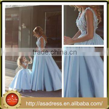 AP-07 Aqua Blue Hand Made Lace Appliqued Special Occasion Gown with Big Ruffles V-Nec Mother and Daughter Dress Design for Party