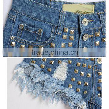 2016 Summer Women High Waist Hot Pants Ladies Decorated Metal Rivet Tassel Fringe Sexy Mini Ripped New Style Fashion Girls Jeans