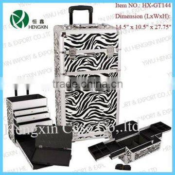 Zebra Aluminum Makeup Artist Cosmetic Rolling Case with Drawers