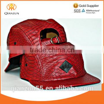 Red snakeskin leather 5 panel hat leather patch flat brim custom full snakeskin 5 panel cap