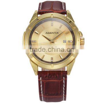 Gold Stainless Steel Case Auto Date Analog Genuine Leather Band Quartz Men Casual Watch