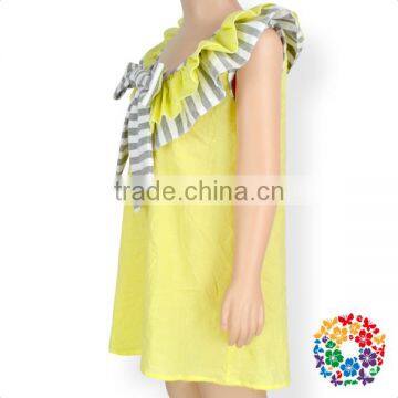 Wholesale Summer Fashion Grey Stripe Ruffle Neck Sleeveless Cotton Yellow Kids Girls Dress photo-3