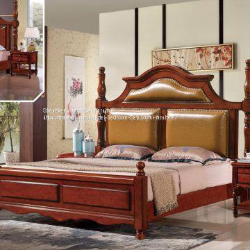 Luxury Genuine leather upholstered high Headboard Double bed Rubber wooden furniture