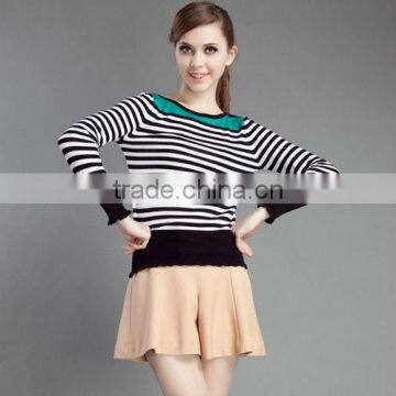 OEM ladies fashion long sleeve boat neck stripe woman slim pullover sweater