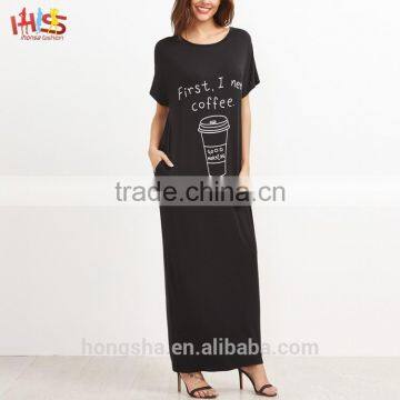 Black Graphic Print Maxi Tee Dress With Side Pocket Fashion Boho Vintage Maxi Long Dress HSd7071 photo-2