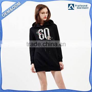 custom embroidered wholesale clothing sports distressed long black pullover hoodie dress without pockets woman with stringer