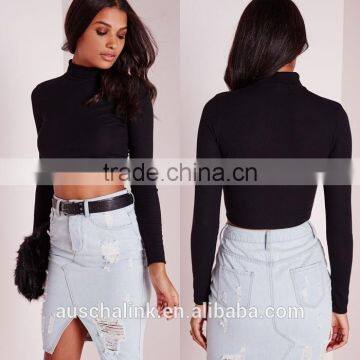 2016 Custom Ladies High Neck Long Sleeve Black Ribbed Crop Top photo-6