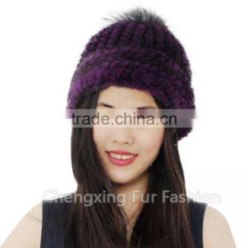 CX-C-239K Cute Style Mixed Color Knitted Cross Grain Real Mink Fur Warm Hats With Fox Fur Pom Pom photo-2