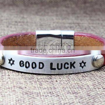 Metal Logo Tag Leather Bracelet Bangle Custom Letter Stamped Charm Leather Bangle Bracelet Promotion Leather Bracelet photo-5