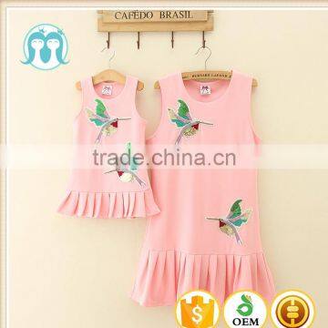 Hot mom and daughter dresses Summer sleeveless Pink Printed mother and kids family matching clothes design with fish cut