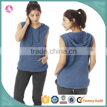 2016 ladies blue french terry fancy sleeveless pullover hooded sweatshirt